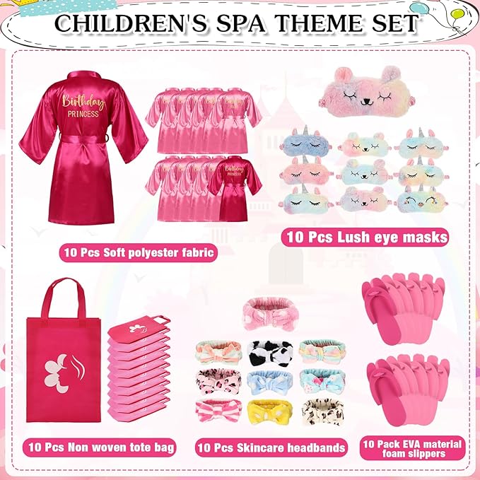 Bonuci 50 Pcs Spa Party Supplies for Girls, 10 Satin Robe 10 Kids Slippers Sleepover Birthday Spa Party Favors
