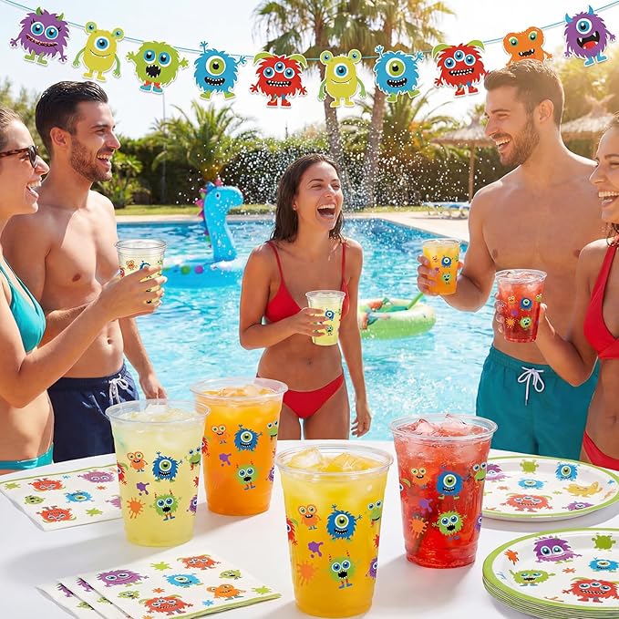 Uiifan 50 Pcs Monster Party Supplies 12 oz Cartoon Disposable Plastic Cups Purple Green Monster Theme Party Cups for Hot Cold Drinking Juice Ice Coffee Birthday Decoration