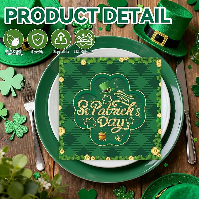 50 Pcs St Patrick's Day Shamrock Green Clover Paper Napkins, 6.5''x6.5'' Irish Green Gold Disposable Cocktail Beverage Napkins for Home Dinner Kitchen Bathroom Party Supplies
