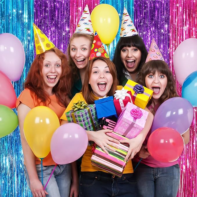 Rainbow Fringe Curtain Party Streamers 2Pack 3.3x8.3 Ft Foil Fringe Backdrop Curtains for Birthday Wedding Bridal Baby Shower Holiday Tinsel Streamers Rainbow Party Decorations Door Streamer