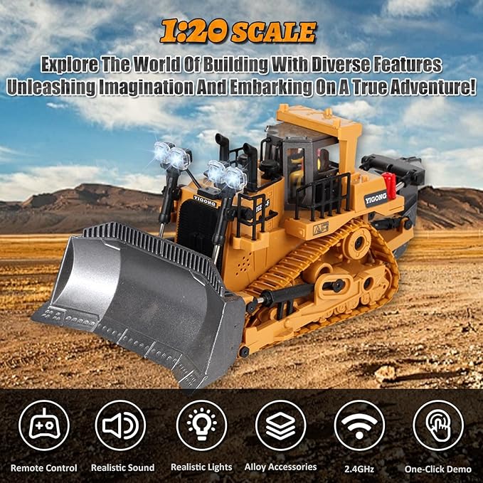 Remote-Controlled Bulldozer, a 9-Channel Toy Bulldozer, 2.4GHz, with Lights and Sound Effects, is The for Children Aged 6-11 and up