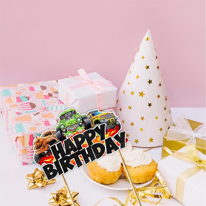 Monster Truk Happy Birthday Cake Topper- with Bold Off Road Truck Design, Colorful Racing Vehicle Theme Cake Decoration for Birthday Party Table Display, Dessert Centerpiece, Photo prop.