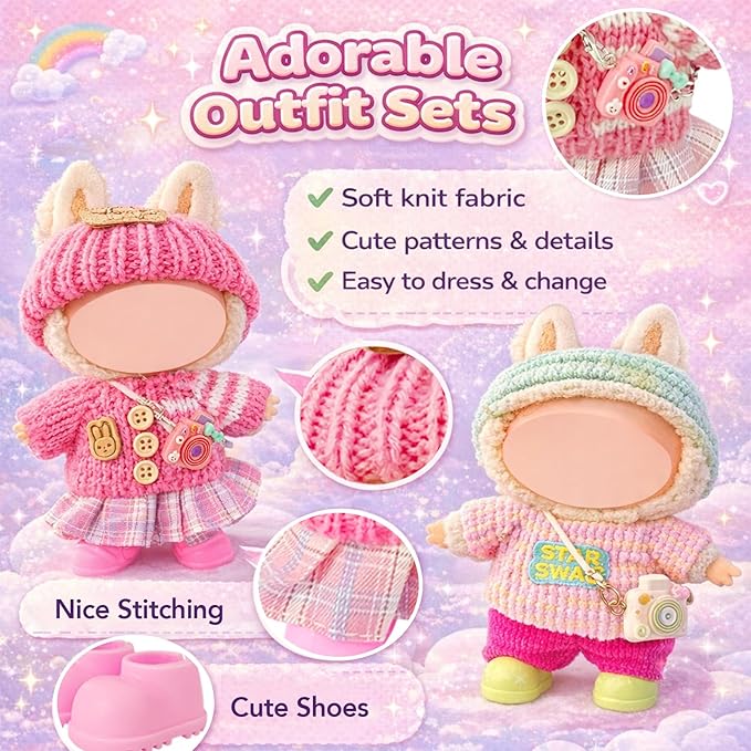 17cm Doll Car Seat and Clothes Set (No Dolls), Includes Doll Seat and 2-Pack Doll Clothes, Perfect for Play and Display, Doll Outfit Accessories for Collectors