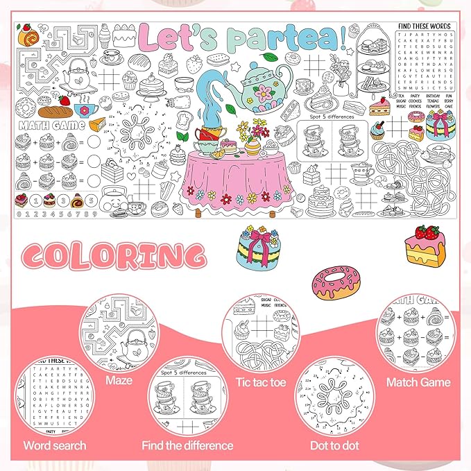 Naozinebi Spring Tea Time Giant Coloring Poster for Kids Large Coloring Tablecloth Big Paper Sheets Page Flower Table Cloth DIY Activity Game Art Crafts Mat Wall Home Party Decoration Supplies