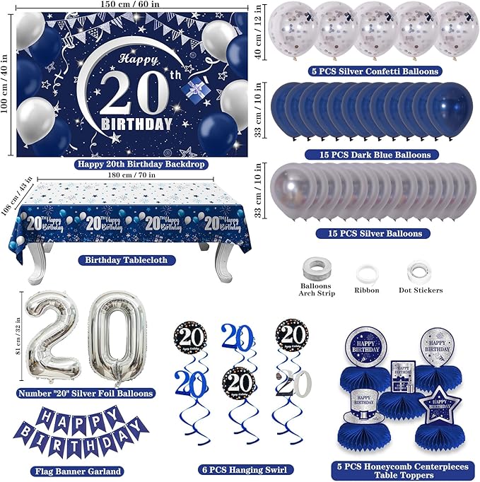 20th Birthday Decorations for Men Women, 54 PCS Happy 20 Balloon Numbers Set for Boys, Blue 20 Year Old Birthday Party Supplies with Bday Tablecloth Banner Honeycomb Centerpieces Hanging Swirls