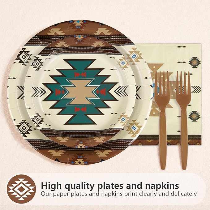 96Pcs Western Aztec Decorations Mexican Geometric Brown Plates and Napkins Native American Decorations Favors for Mexican Theme Vintage Birthday Baby Shower Dinner Party Supplies Serves 24