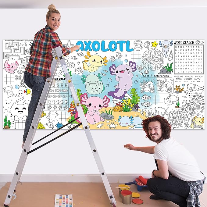 Naozinebi Axolotl Giant Coloring Poster for Kids Axolotls Large Coloring Tablecloth Big Paper Sheets Page Axolotl Theme Table Cloth DIY Activity Game Art Crafts Mat Wall Home Party Decoration Supplies
