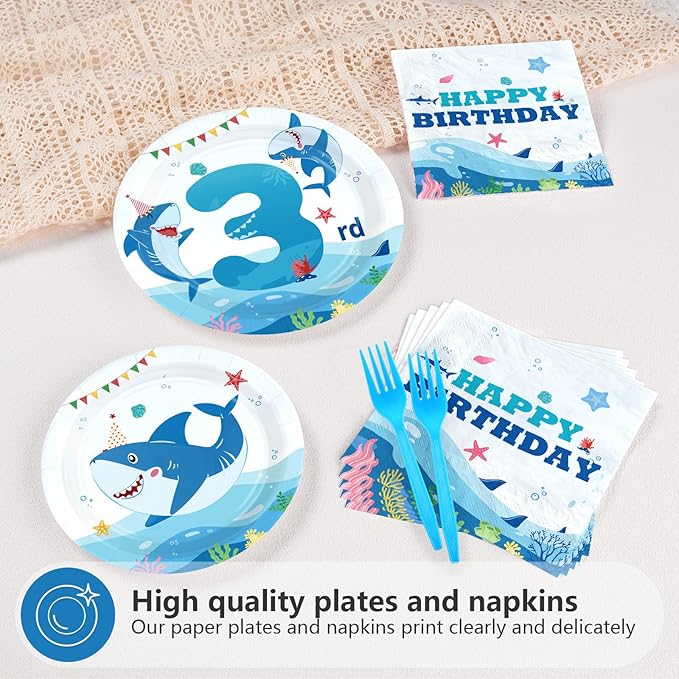 96Pcs Shark 3rd Birthday Party Supplies Blue Ocean Shark Plates and Napkins Under The Sea Tableware Set for Kids 3 Years Old Blue Ocean Theme Birthday Party Supplies，Serves 24