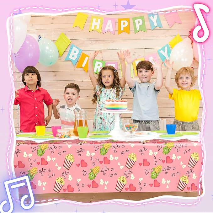 2 Pcs Birthday Party Decorations Plastic Cute Birthday Tablecloth 108 x 54 Inches Disposable Rectangle Tablecover for Boys Girls Kids Baby Shower Party Supplies (Popcorn Pop)