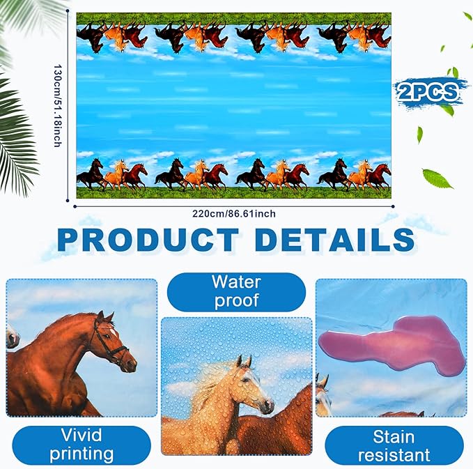 Outus Horse Party Decorations - 4 Pieces Supplies Including 2 Plastic Tablecloths and 2 Horse Garland Paper Banners for Themed Party Racing Activity