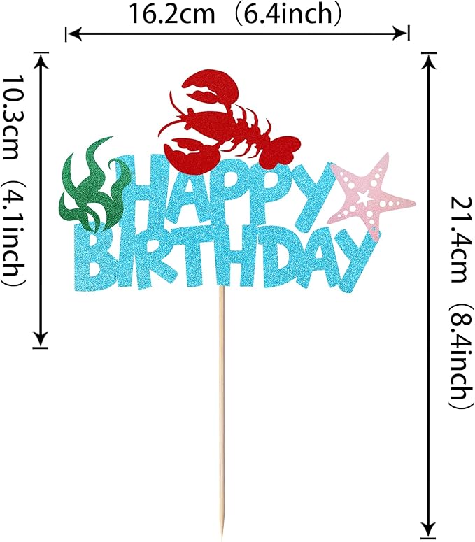 1 Pack Crawfish Happy Birthday Cake Topper Glitter Lobster Starfish Seaweed Theme Birthday Cake Pick for Baby Shower Birthday Ocean Party Cake Decoration Supplies Blue