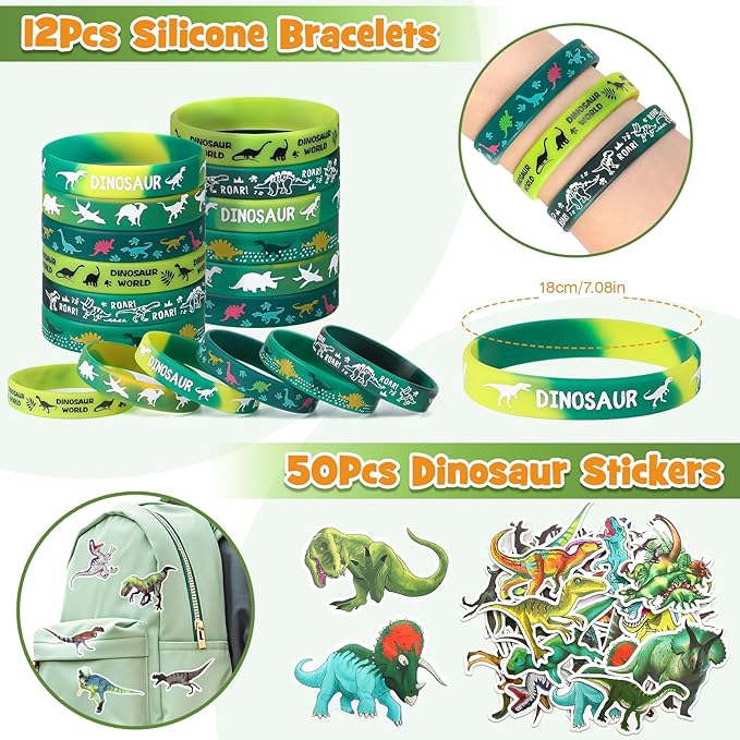 12 Sets Dinosaur Party Favors for Kids Birthday, Magnifying Glasses Luminous Keyring Dino Egg Sticker Dino Party Supplies with Skeleton Toy Silicone Bracelet Gift Bag Dino Theme Stuffer Fillers