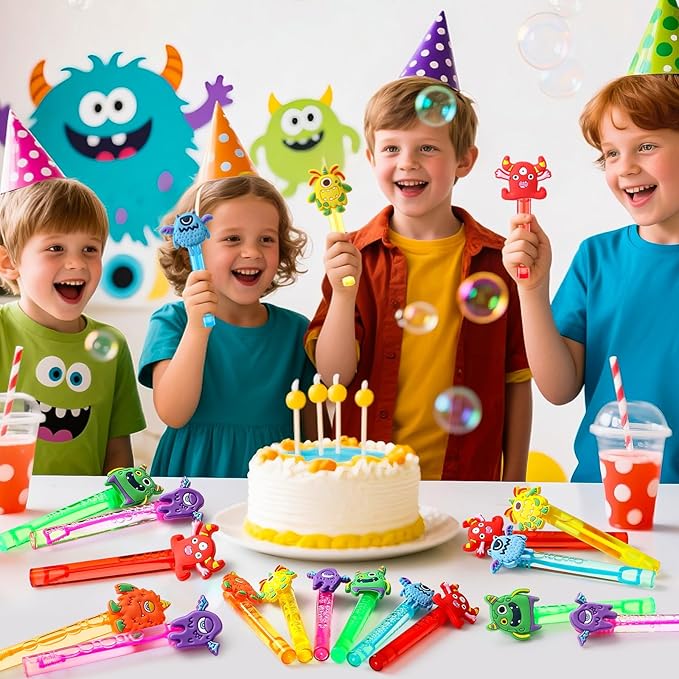 Winrayk Monster Party Favors, 24Pcs Self-designed Mini Bubble Wands for Kids Bubbles Bulk with Detachable Topper (6 Styles & Colors), Birthday Gift Toy Pinata Filler Goodie Bag Stuffer Classroom Prize