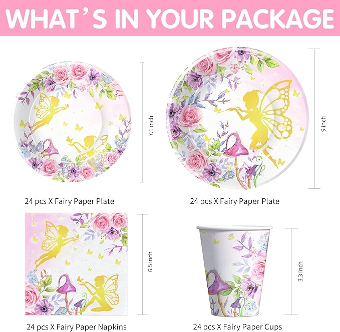 APOWBLS Fairy Birthday Party Supplies - Floral Gold Fairy Party Decorations for Birthday Baby Shower Spring Tea, Paper Plate, Cup, Napkin, Tablecloth, Cutlery | Serves 24