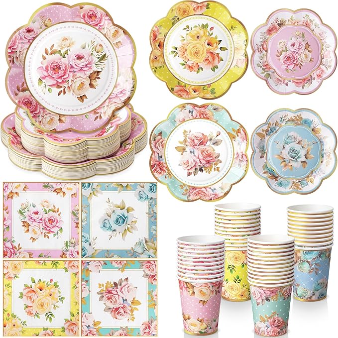 350 Pcs Tea Party Supplies Spring Summer Tableware Set Disposable Plates Napkins Paper Cups Plastic Cutlery Set For Birthday Bridal Baby Shower Serves 50 (Floral,Multicolor)