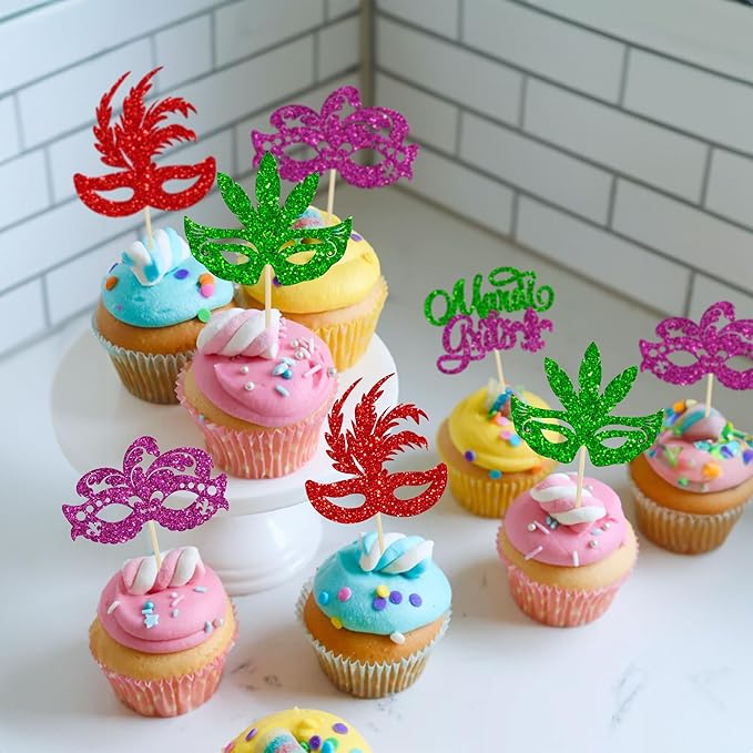 Gyufise 24Pcs Mardi Gras Cupcake Toppers Glitter Masquerade Masks Cupcake Pick Decorations Mardi Gras Party Baby Shower Birthday Cake Decorations Party Supplies Colorful 1
