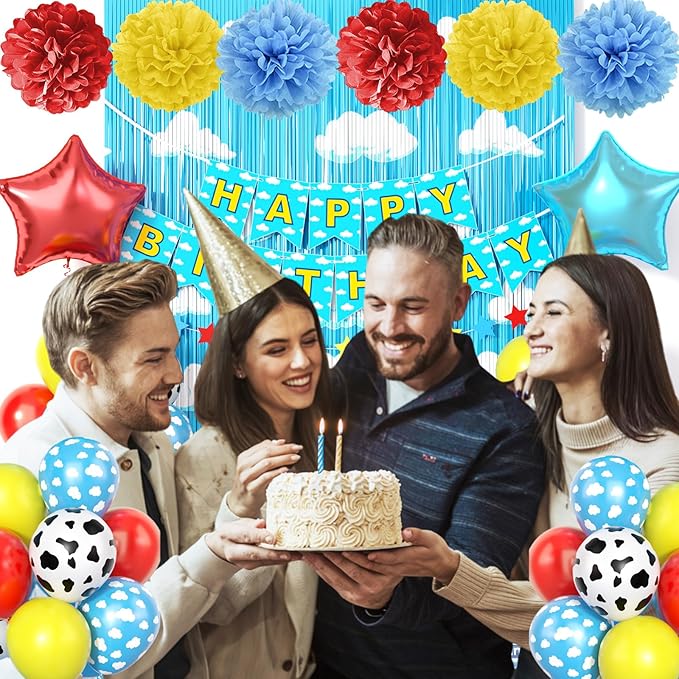Red Yellow Blue Birthday Decoration,Blue Sky White Clouds Party Supplies,Include Balloons Happy Birthday Banner Fringe Curtain Tissue Paper Pompoms Garland