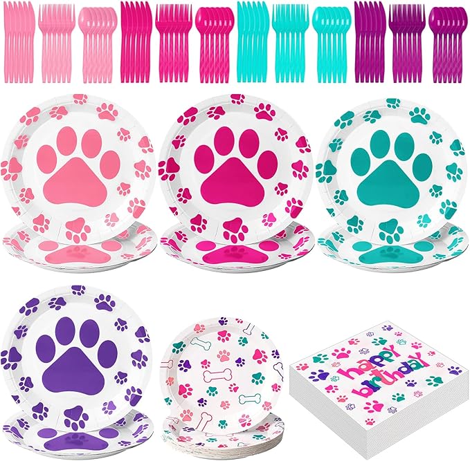 Gejoy 96pcs Dog Birthday Party Decorations Set Include Dog Print Plates Knives Forks Spoons Napkins Puppy Paw Tableware for Puppy Theme Party Supplies Kit(Sweet Color)
