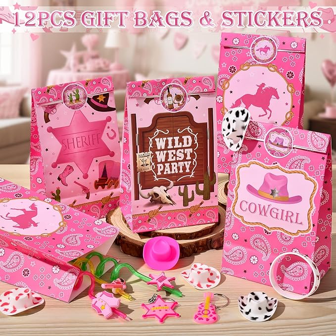 Winrayk 124Pcs Cowgirl Party Favors Hot Pink Birthday Supplies for Girls, Gift Bags Straws Silicone Wristband Mini Hat Keychain Tattoo Sticker, Hot Pink Rodeo Horse Disco Cowgirl Party Favors Supplies