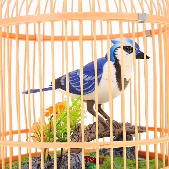 PowerTRC Singing & Chirping Bird in Cage, Realistic Sounds & Movements, Sound Activated, Battery Operated, Great Desk and Room Accessory, Pet Caged Bird Toy (10” x 7”)
