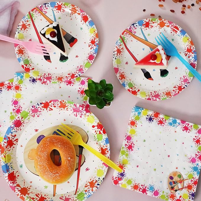 96 Pcs Art Plates and Napkins Party Supplies Paint Tableware Set Painting Theme Party Decorations Favors for Art Paint Birthday Baby Shower Serves 24