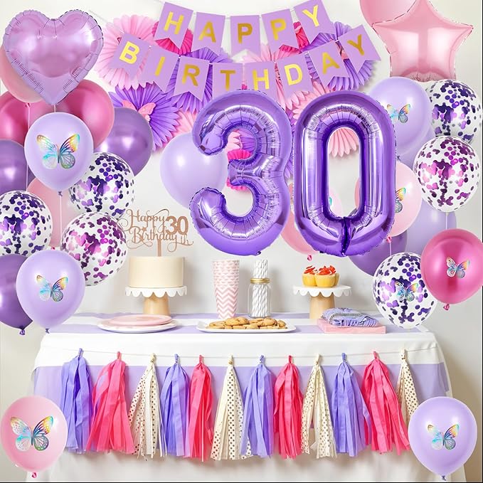 30th Birthday Decorations for Her,Pink Purple 30th Birthday Decorations Butterfly Birthday Decor Happy Birthday Banner Number 30 Balloons Cake Topper Butterfly 30th Party Decorations for Women