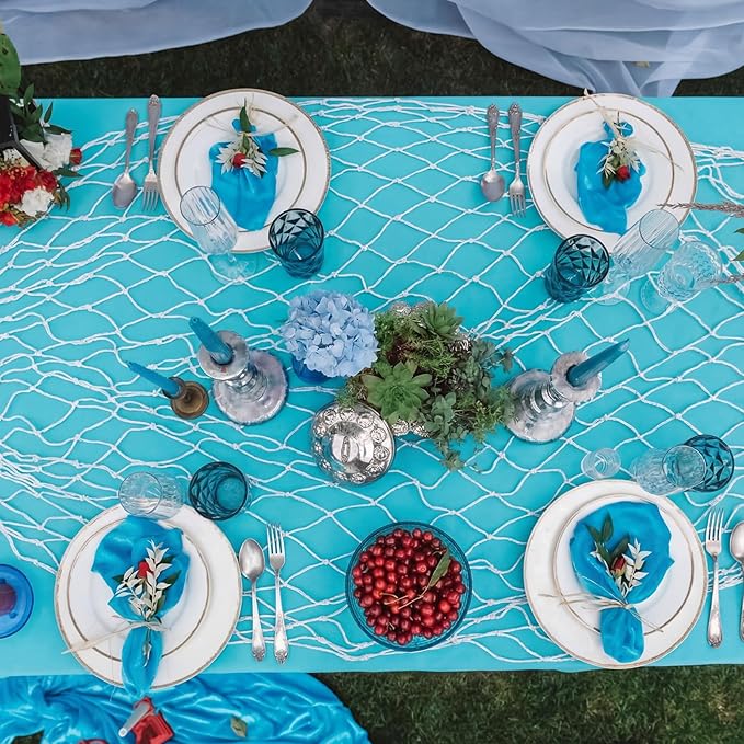 Unittype Fish Net Decorative and Tablecloth Set, Cotton Fishnet and Plastic Table Cover Decorations Set for Nautical Themed Party Baby Shower Pirate Decorations Mermaid Party
