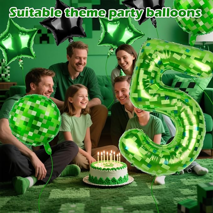 40 Inch Green Pixel Themed Number 5 Balloon Set Foil Balloon for Girls & Boys Birthday Party Decorations, Party Supplies & Favors (Number 5)