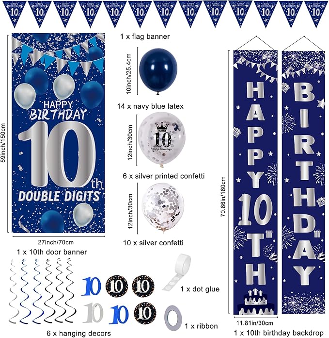 10th Birthday Decorations for Boys Girls, Navy Blue Happy 10th Birthday Door Banner Sign, 10 Years Old Party Supplies Teenagers Bday Backdrop Balloons Hanging Decors