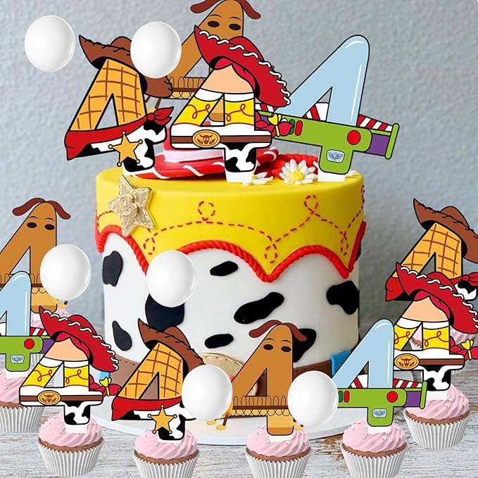 40pcs Cartoon Story Cupcake Toppers 4th Birthday for Boys Girls 4th Birthday Party Supplies Decorations