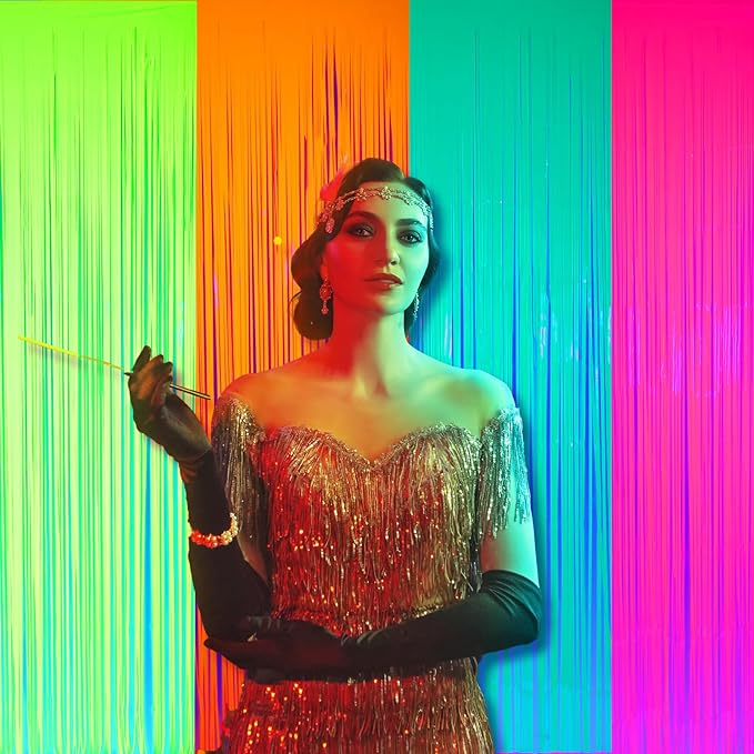 Weysat Glow in The Dark Party Supplies 4 Pack 3.3x6.6ft Neon Party Decoration Neon Tinsel Foil Fringe Curtain 2026 Vbs Photo Booth Backdrop Streamer for Birthday Decor(Green, Rose Red, Yellow, Orange)