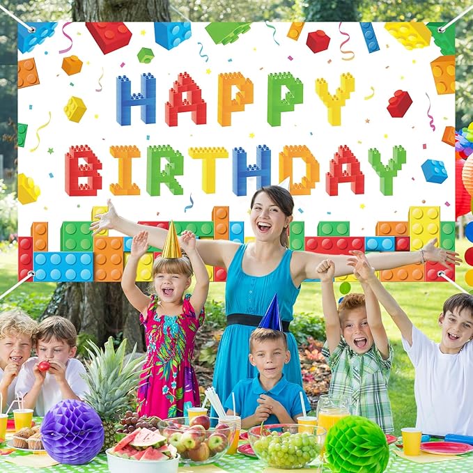 Panelee Building Block Birthday Banner Building Blocks Party Backdrop Decoration Happy Birthday Banner Photography Background for Party, 72.8 x 43.3 Inch(White)