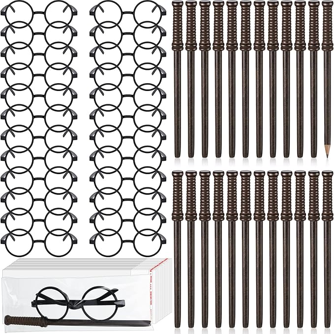 72 Pcs Wand Pencils and Glasses Wizard Halloween Party Favors, Including 24 Wizard Wand Pencils and 24 Plastic Costume Glasses Frame with 24 Storage Bags for Kids Theme Party Supplies