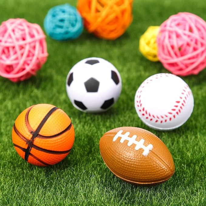 Blulu 72 Pack Small Sports Stress Balls for Kids Mini Footballs Baseball Soccer Basketball Sports Party Favor Gifts Small Foam Squeeze Anxious Toy for Classroom Reward Sport Party Supplies (1.6 Inch)