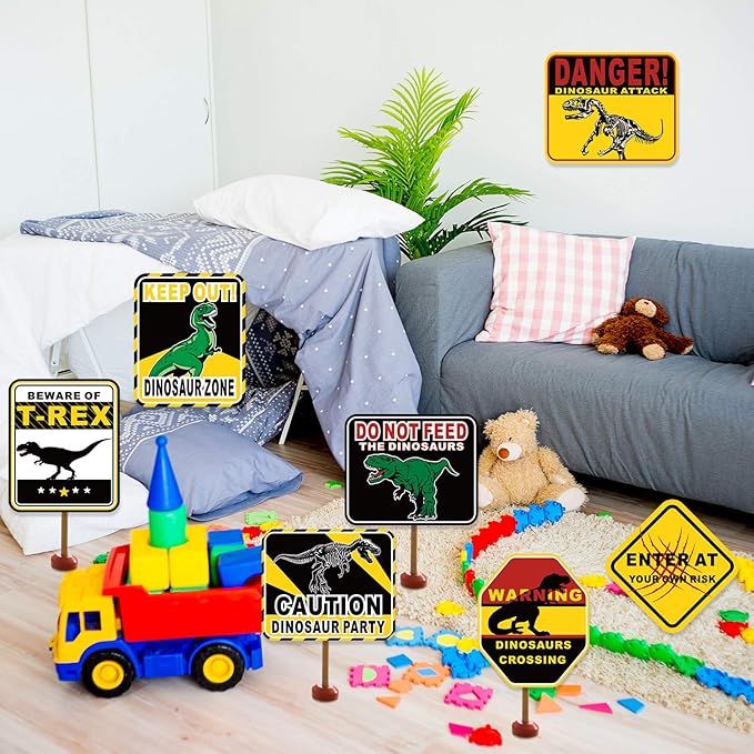 Blulu 9 Pcs Dinosaur Birthday Decoration Jurassic Paper Signs Jurassic Theme Decor Party Favors Beware of Dinosaur Crossing Sign Wall Poster for Kids Birthday Halloween Props