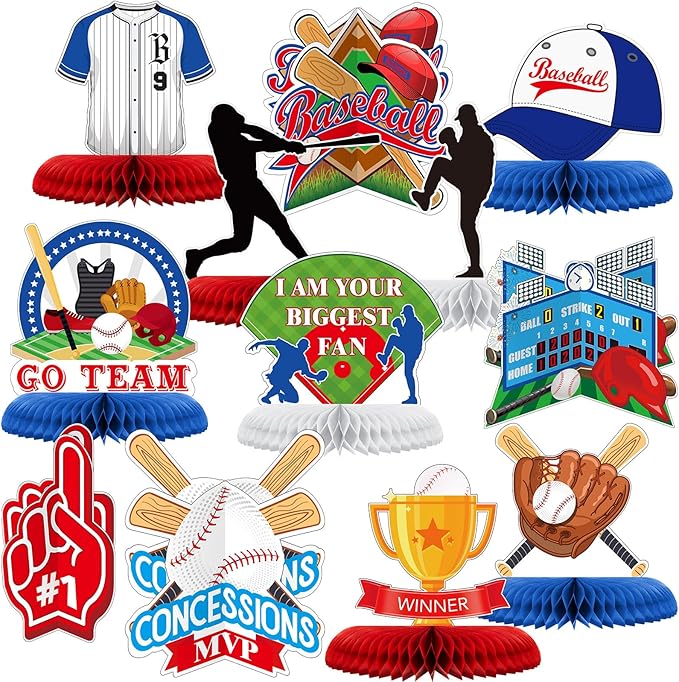 Marspark 12 Pcs Baseball Party Decoration Baseball Centerpieces Birthday Party Supplies Honeycomb Centerpieces Sports Theme Decor for Birthday Baby Shower