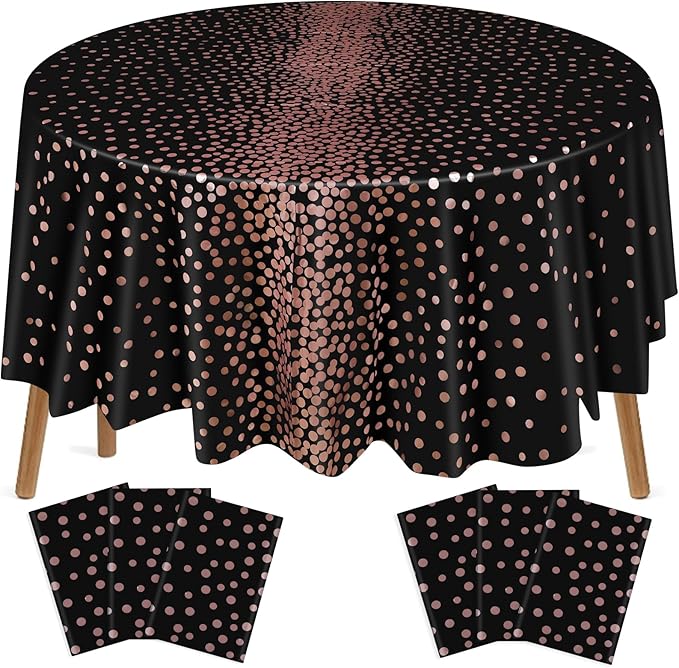 VitalCozy Round Dot Tablecloth 84 Inch Plastic Table Cover Polka Dot Confetti Tablecloths for Easter 2026 Graduation Prom Wedding Birthday Spring Party Supplies(Black and Rose Gold,6 Pcs)