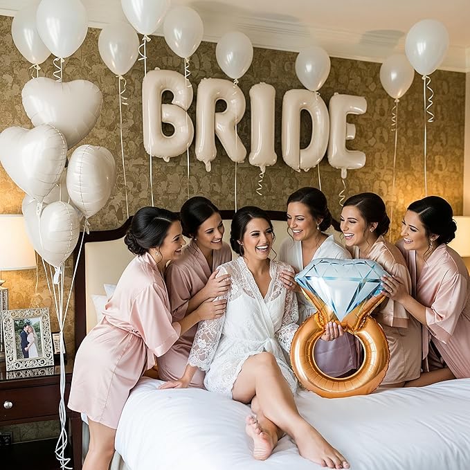 Cream White Bridal Shower party decorations with huge 40 Inch BRIDE letter Pearl Balloons BRIDE to be Sash Bridal Veil and Diamond Ring Heart shape Balloons For Bachelorette party Wedding supplies