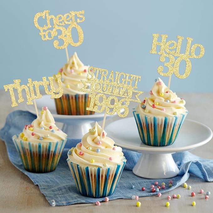 Ephlyn 24Pcs Happy 30th Birthday Cupcake Toppers Glitter Thirty Cupcake Picks Hello 30 Cheers to 30 Years Cake Decorations for 30th Birthday Anniversary Party Decorations Supplies Gold
