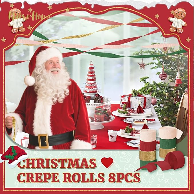 NICROHOME EUR Christmas Decorations, 8 Rolls Christmas Green Red Gold Crepe Paper Streamers for Xmas Birthday Party Wedding Baby Shower Party Decorations, 1.8 Inch x 82 Ft/Roll