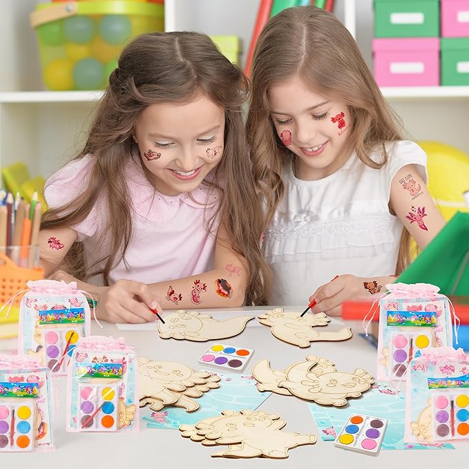 BeYumi Axolotl Party Favors Set - 24Pcs Axolotl Birthday Party Supplies Tattoo Stickers and Watercolor Paint Craft Kit Birthday School Classroom Goodie Bags Stuffers Prize Gifts for Kids Girls Toddler