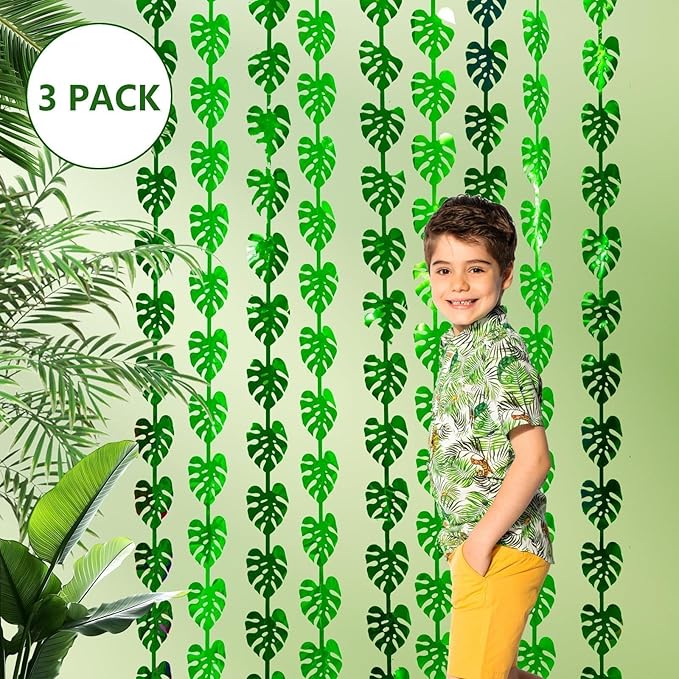 3 Pack Jungle Leaf Foil Fringe Curtain for Jungle Party Decorations, 3.3x6.6Ft Safari Theme Leaf Tinsel Streamer Backdrop, Photo Booth Prop Zoo Animal Birthday Party Supplies Baby Shower Favors