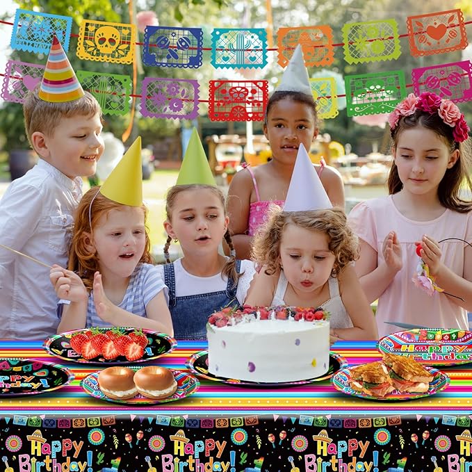 Mexican Fiesta Party Supplies Tableware Set Mexican Cinco De Mayo Themed Tableware with Paper Plates Napkins Cups Tablecloth Banner for Mexican Fiesta Party Decorations, Serves 24
