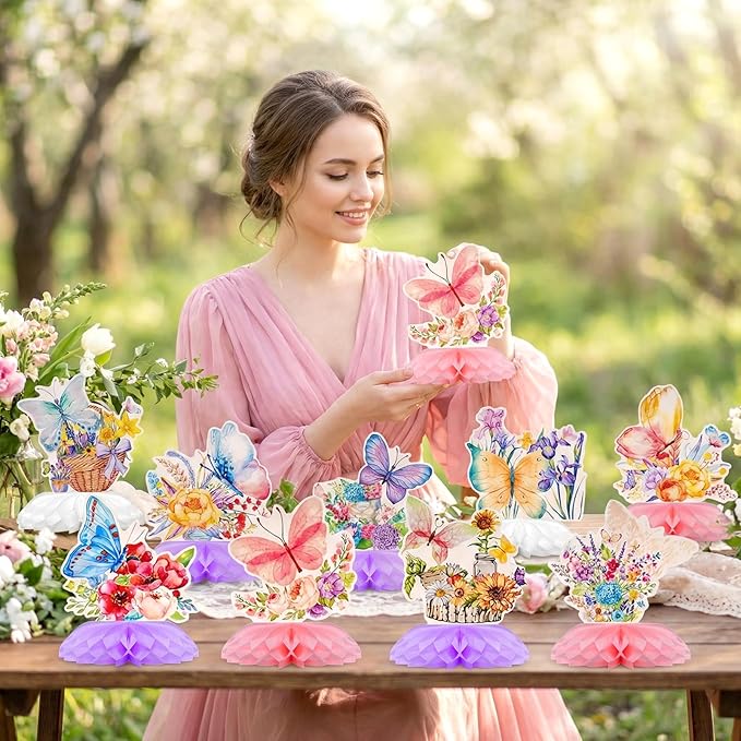 10Pcs Butterfly Centerpieces for Tables Butterfly Flowers Centerpieces Spring Honeycomb Table Decor Spring Flower Toppers for Birthday Party Supplies