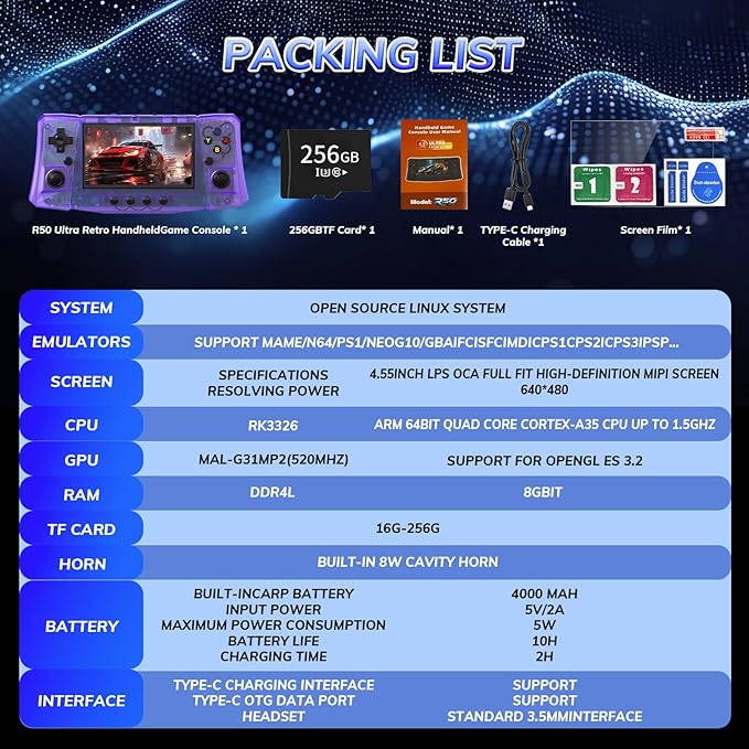 FVBADE 【50000 in 1】 R50 Ultra Handheld Game Console 4.5 inch IPS Screen Mini Retro Console 4000mAh Portable Pocket Arcade 12+ Mainstream Emulator 256G TF Card Transparent
