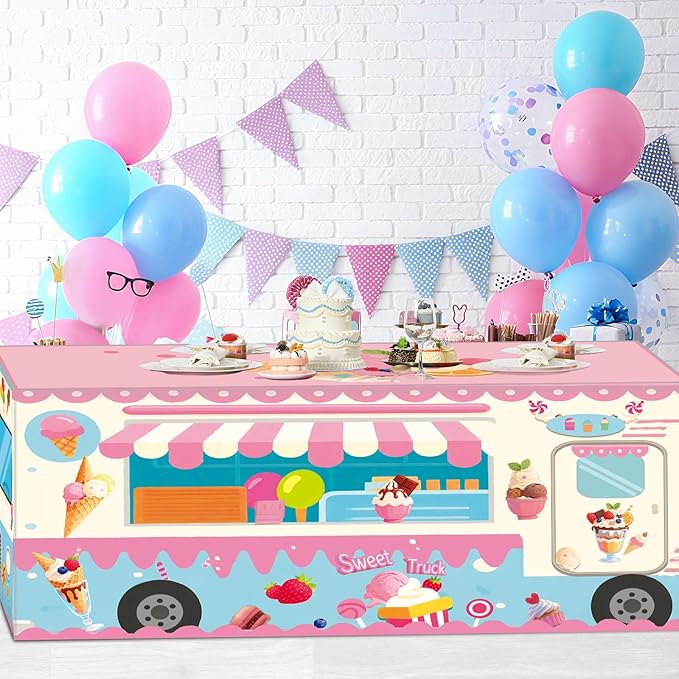 Oudain 6 ft Ice Cream Tablecloth Ice Cream Social Party Supplies Summer Decoration Sweet Dessert Cart Tablecloth 72 x 30 Inch Rectangle Table Cover for Birthday Baby Shower Party Supplies
