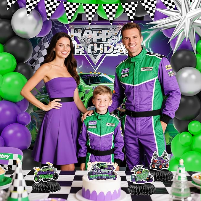 99 Pcs Monster Truck Birthday Party Decorations Set with Purple and Green Black Balloon Garland Arch Kit with Star & Wheels Checkered Balloons, Backdrop, Tablecloth, Grave Digger Party Supplies