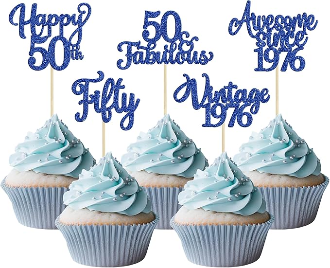 Ephlyn 30Pcs Happy 50th Birthday Cupcake Toppers Glitter Fifty Vintage 1976 Cupcake Picks Cheers to 50 Fabulous Cake Decorations for 50th Birthday Wedding Anniversary Party Supplies Dark Blue