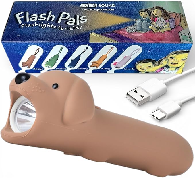 Rechargeable Kids Flashlight for Boys & Girls - Soft Silicone Dog Puppy Toy Light, Eye-Protection Dimmable 3 Modes, USB-C Charging, Small Handheld Flashlight for Camping, Reading, Birthday Gift