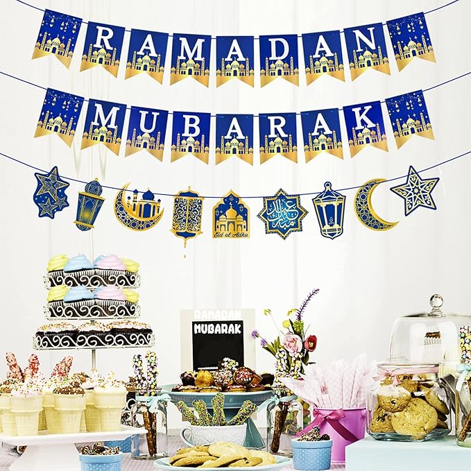 AhfuLife Ramadan Mubarak Banner Decorations for Home, 3 Pcs Pre-Tied Ramadan Mubarak Bunting Banners for Muslim Party Decor, Moon Star Lanterns Garland Islamic Party Supplies